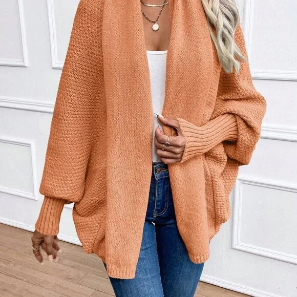 Orange Casual Women's Solid Color Bat Wing Sleeve Loose Open Front Cardigan - Picture 5 of 6